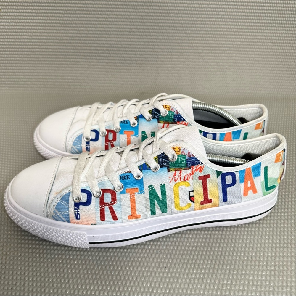 Principal License Plate Low Top Shoes, Low Top Designer Sneakers Women’s Sz 9